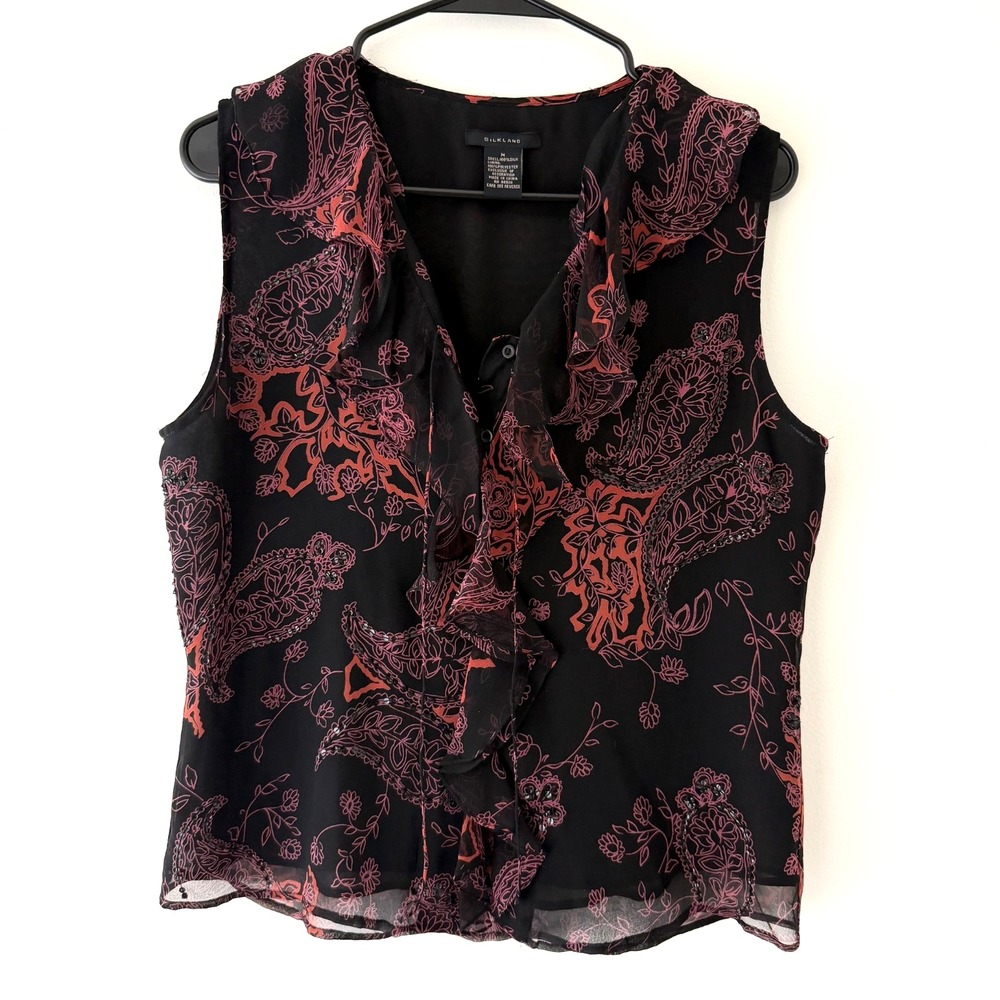 Y2K Silk Top‎ Black Red Paisley Sequins Button Front Whimsigoth Fairy Grunge L